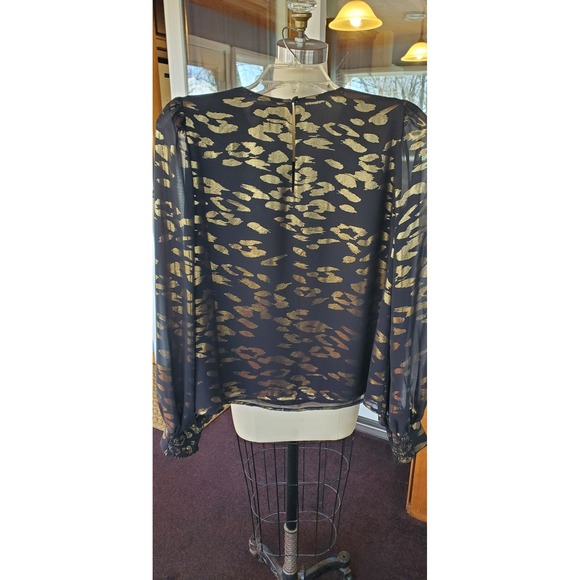 Evereve Womens Black Gold Metallic Leopard Print Puff Sleeve Blouse Small S - Picture 5 of 7